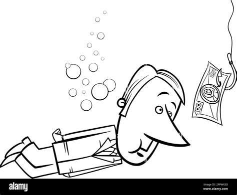 black and white cartoon businessman and money as a fish bait Stock ...