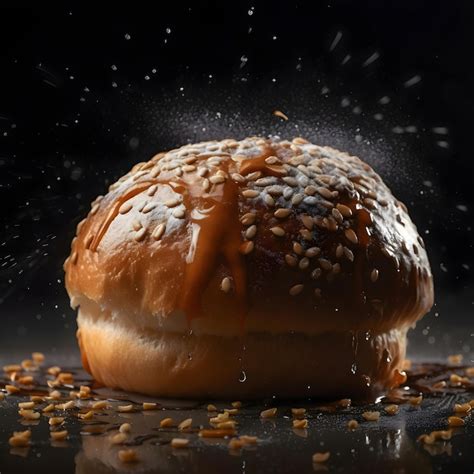 Premium AI Image | Bread falling into the air on a black background with splashes