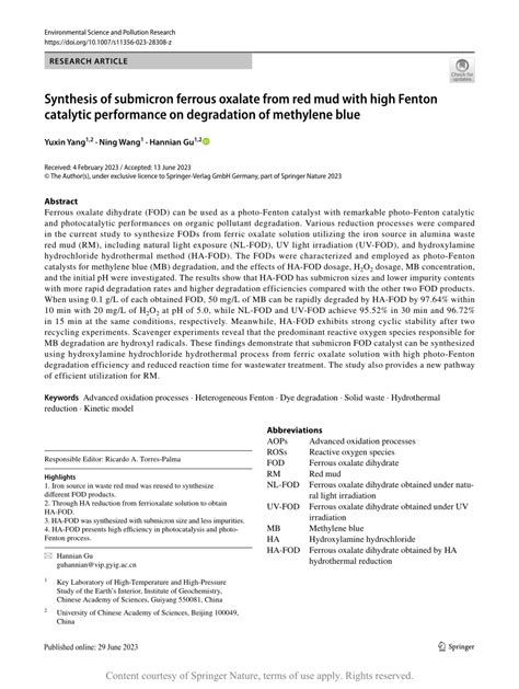 Synthesis of submicron ferrous oxalate from red mud with high Fenton ...