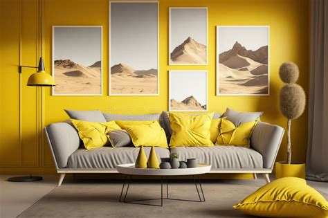 Nice Living Room with Modern Furniture and Bright Yellow Walls. Ai ...