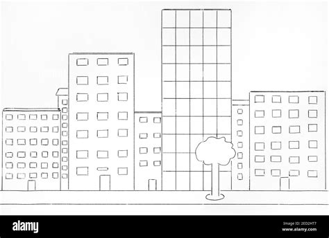 City landscape with buildings. Black and white. Hand drawing made by ...