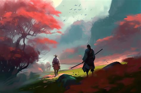 Premium AI Image | A painting of two men walking in a field with trees and the sky in the ...