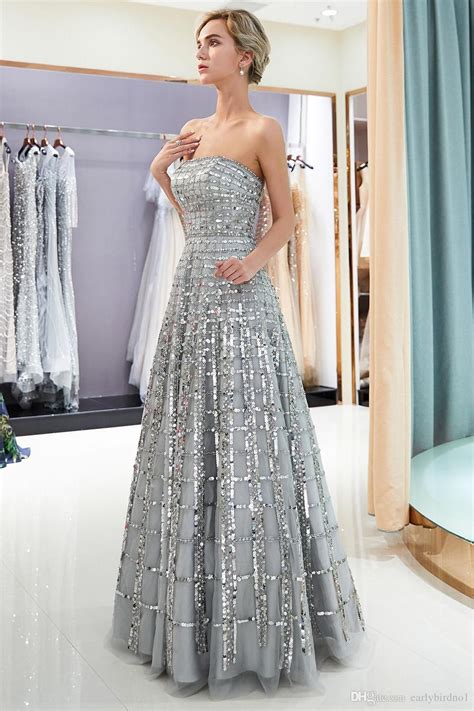 Silver Gray Prom Dresses Sequins Tulle Strapless Womens Long Evening Gown Quinceanera Graduation ...