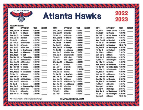 Atlanta Hawks Printable Schedule