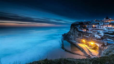 Wallpaper Sintra Portugal Azenhas do Mar Cliff Coast night time Street ...