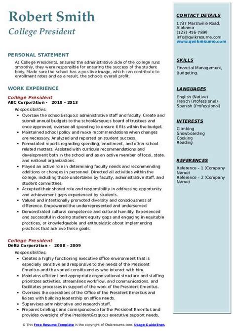 College President Resume Samples | QwikResume