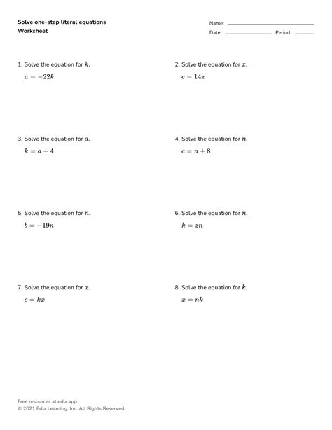 Literal Equations Worksheet Algebra 20