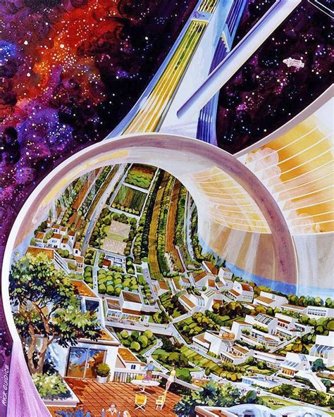 Perspective from inside a proposed Stanford Torus (1975) for housing a colony of 10,000 people ...