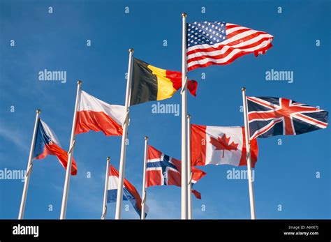 Allied forces flags flying at War Landing Beaches Calvados Normandy ...