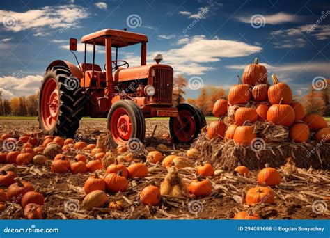 Tractor with Pumpkins at Farm Field in Autumn. Machinery Helping ...