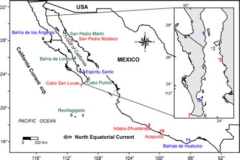 Map of the 11 sites evaluated in this study: 1. Bahía de los Ángeles;... | Download Scientific ...