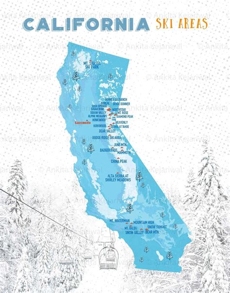 Ski Map Resorts Map for Skiers California Ski Map Gift for - Etsy ...