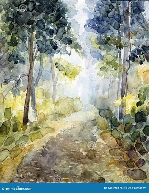 Watercolor `Forest Landscape` Stock Illustration - Illustration of ...