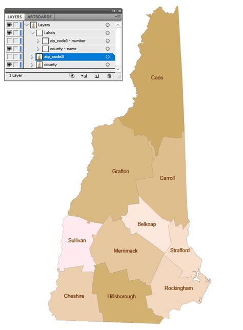 New Hampshire three digit zip code & county map - Your-Vector-Maps.com
