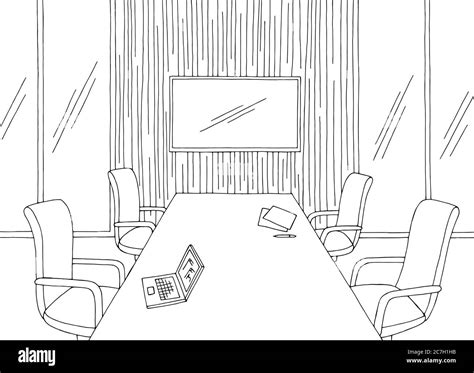 Conference room office interior graphic black white sketch illustration ...