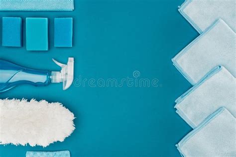 Top View of Row of Blue Rags and Cleaning Supplies Stock Image - Image of simple, spray: 120904647