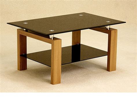 Black glass coffee table with wood oak finish base - Homegenies