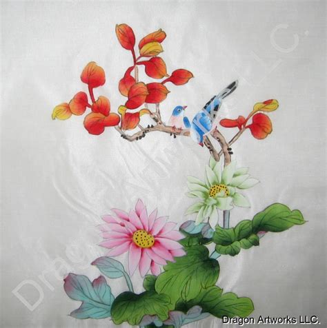 Blue Birds and Flowers Chinese Silk Painting