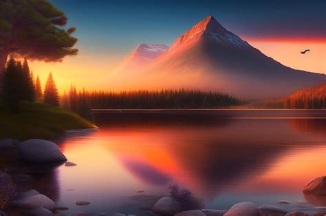 Premium AI Image | Sunset over a mountain lake with a mountain in the background