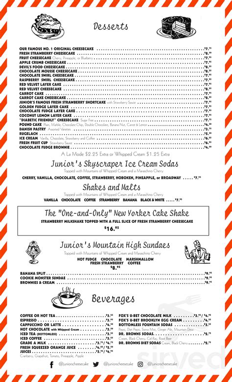 Junior's Cheesecake menu in Ledyard, Connecticut, USA