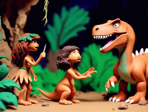 claymation stop motion Dinosaur and cute cavewoman | MUSE AI