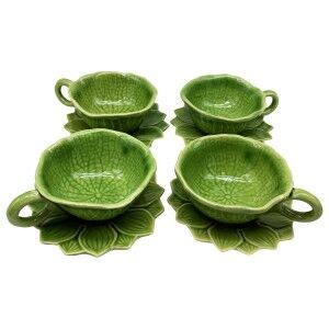 Lotus Thai Celadon Ceramic Coffee Cup & Saucer Set, Set of 4