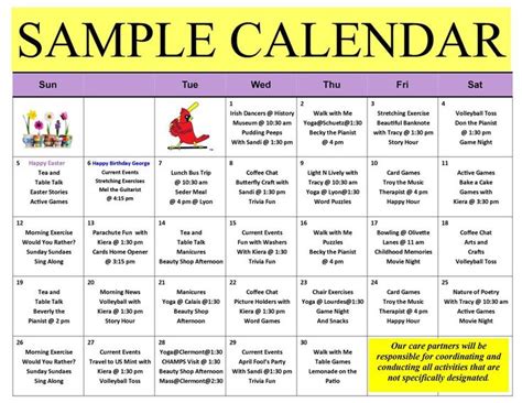 Monthly Activity Calendar For Seniors