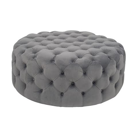 Grey Velvet Button Round Footstool