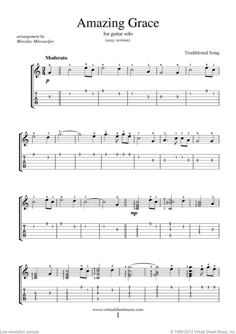 Amazing Grace sheet music for guitar solo (PDF-interactive)