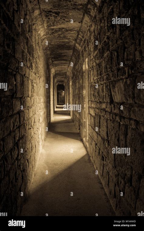 Stone corridor inside Caernarfon castle, North Wales Stock Photo - Alamy