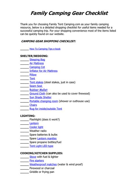 Family Camping Gear Checklist in Word and Pdf formats