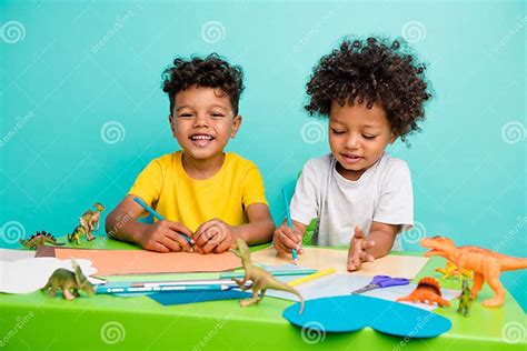 Full Body Photo of Cute Little Boys Sitting Table Drawing Have Fun Crafts Wear Trendy Clothes ...