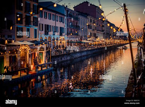 Christmas lights and floating nativity scene at Navigli Milano Italy - winter xmas time Stock ...