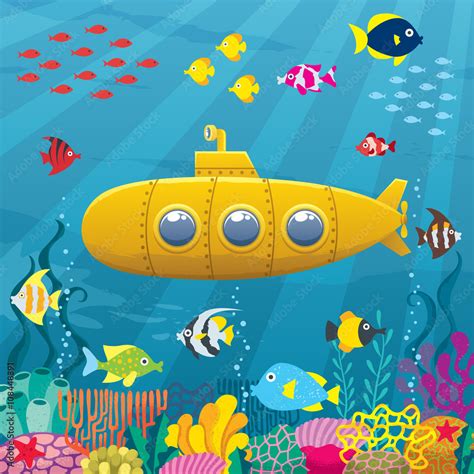 Submarine Background / Cartoon yellow submarine underwater. Stock ...