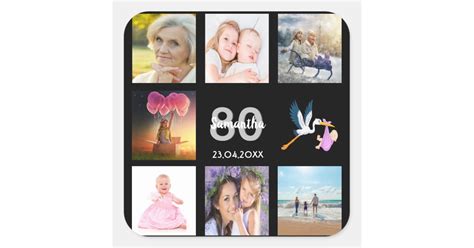 80th birthday party photo collage black square sticker | Zazzle.com