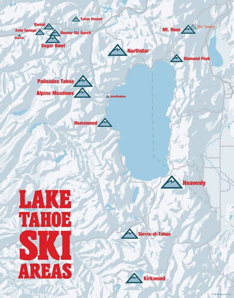 Lake Tahoe Ski Resorts Map 11x14 Print