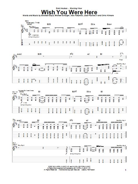 Incubus "Wish You Were Here" Sheet Music Notes | Download Printable PDF ...