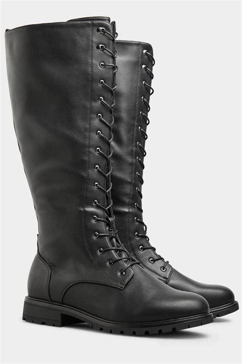 Black Faux Leather Lace Up Knee High Boots In Wide E Fit & Extra Wide EEE Fit | Yours Clothing