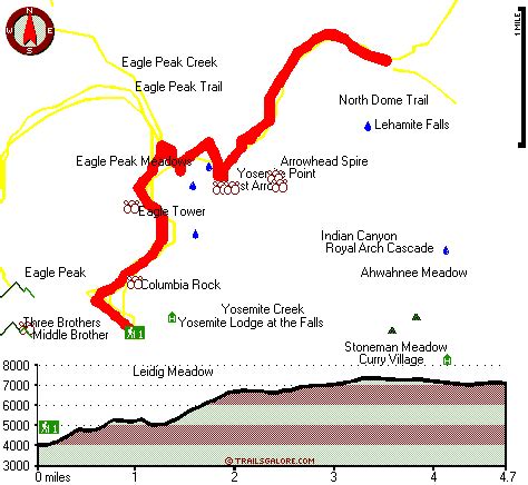 Map of Yosemite Falls Trail, Central Sierra Nevada, California