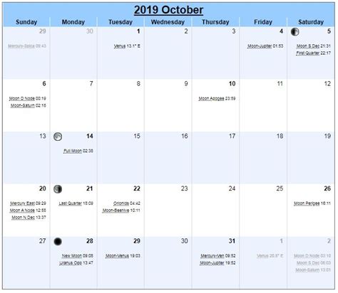 Moon Phases Calendar October 2019 | Moon phase calendar, Moon calendar ...