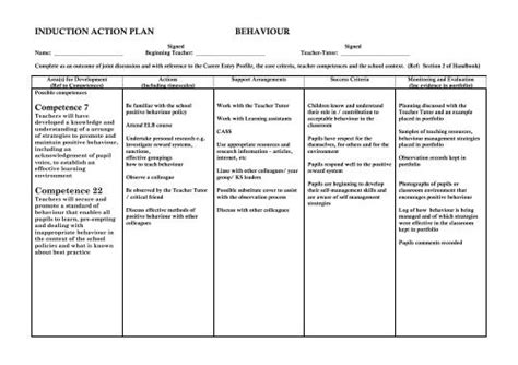 Sample Primary Induction Action Plan - Behaviour