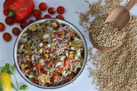 Hulled Barley Chicken Salad. Hearty Salad with Hulled Barley, Chicken, Cucumber, Tomato, Onions ...