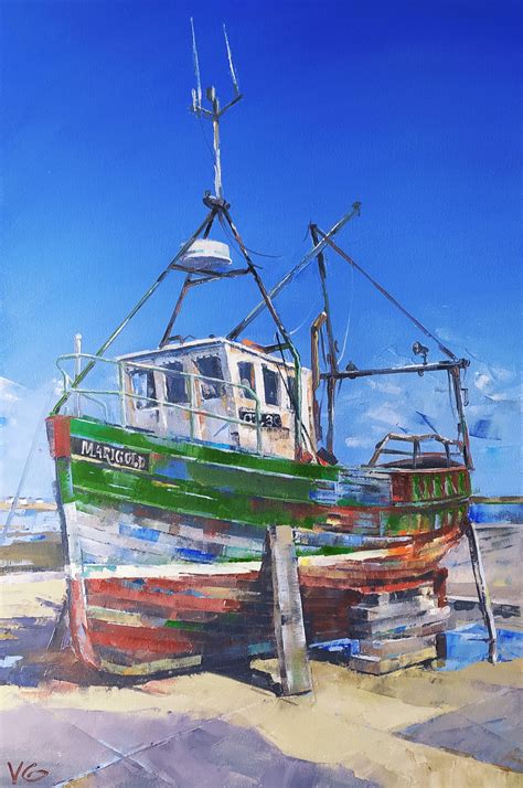 Fishing Boat Original Oil Painting Dock , Painting by Volodymyr Glukhomanyuk | Artmajeur