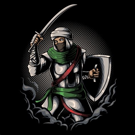 Arabian muslim warrior holding sword and shield black and white vector illustration 11203682 ...