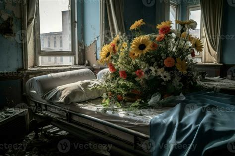 Bouquet of flowers on hospital bed, bombed city view. Generate Ai 34050218 Stock Photo at Vecteezy