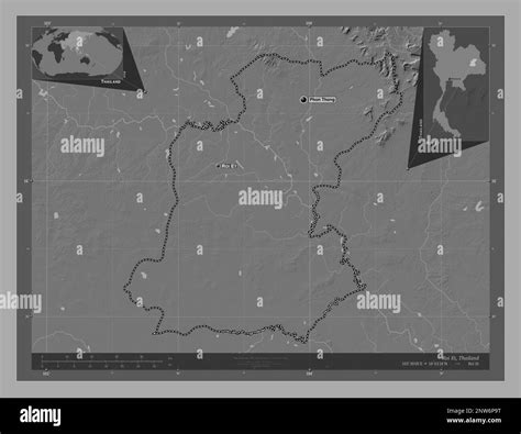 Roi Et, province of Thailand. Bilevel elevation map with lakes and rivers. Locations and names ...