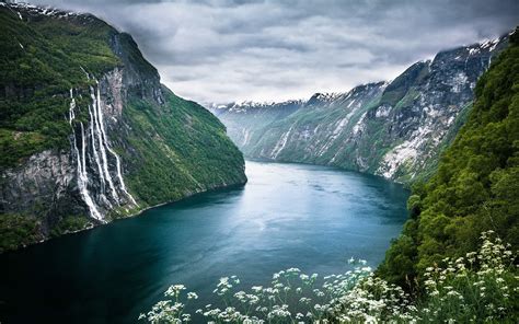 Geiranger, Norway, Fjord, Waterfall, Cliff, Clouds, Wildflowers ...