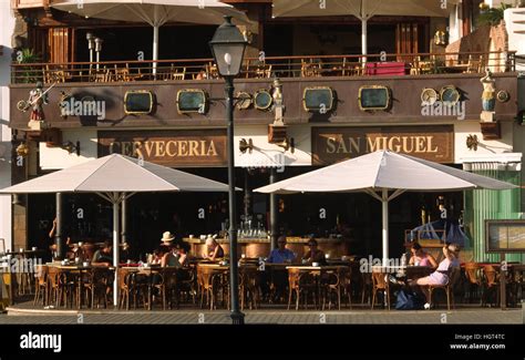 Restaurant in the old harbour of Puerto del Carmen, Lanzarote, Canary ...