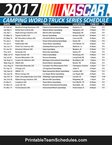 Nascar Race Schedule Printable