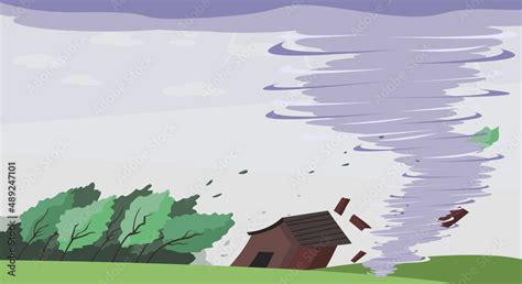 Typhoon And Tornado Storm Destroy Tree And House Cartoon Art - Vector Stock Vector | Adobe Stock